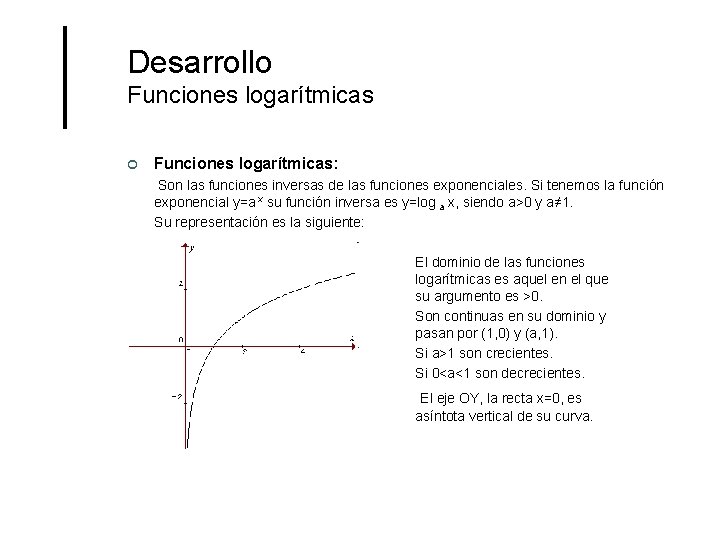 Desarrollo Funciones logarítmicas ¢ Funciones logarítmicas: Son las funciones inversas de las funciones exponenciales.