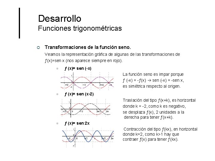 Desarrollo Funciones trigonométricas ¢ Transformaciones de la función seno. Veamos la representación gráfica de