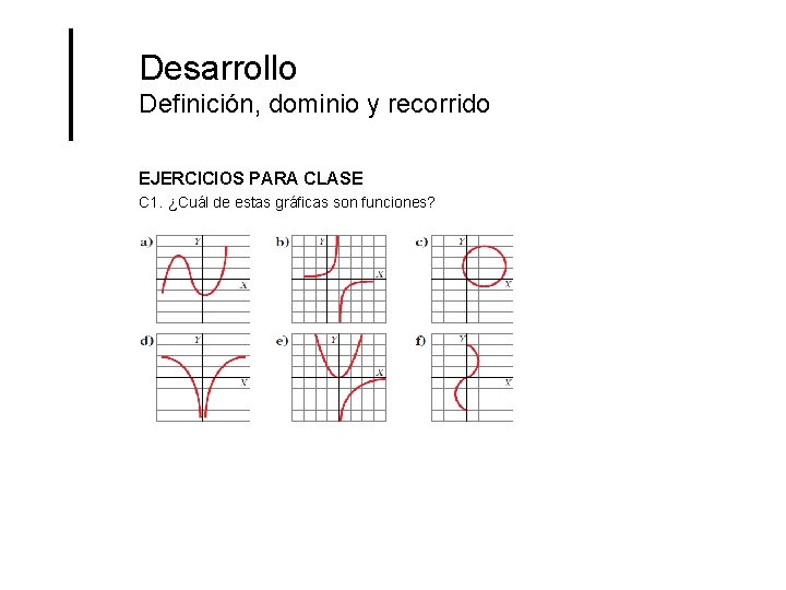 Desarrollo Definición, dominio y recorrido EJERCICIOS PARA CLASE C 1. ¿Cuál de estas gráficas Desarrollo Definición, dominio y recorrido EJERCICIOS PARA CLASE C 1. ¿Cuál de estas gráficas