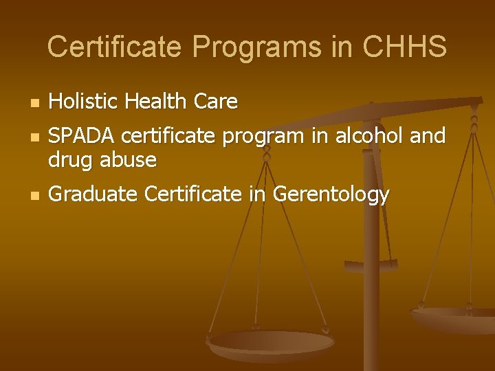 Certificate Programs in CHHS n n n Holistic Health Care SPADA certificate program in