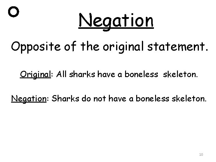 Negation Opposite of the original statement. Original: All sharks have a boneless skeleton. Negation: