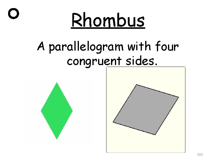 Rhombus A parallelogram with four congruent sides. 101 