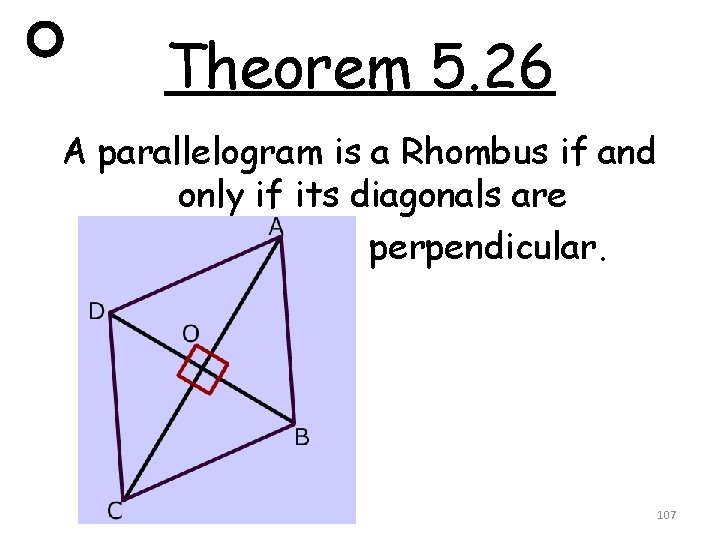 Theorem 5. 26 A parallelogram is a Rhombus if and only if its diagonals