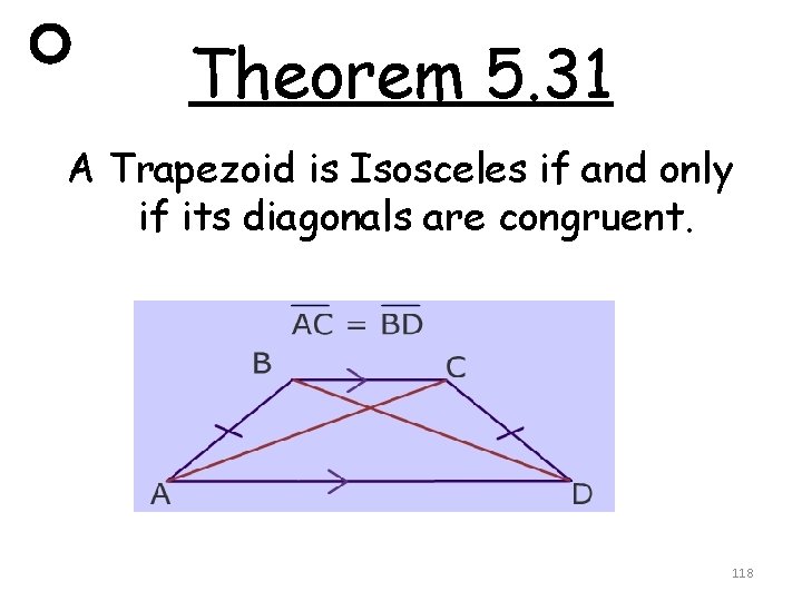 Theorem 5. 31 A Trapezoid is Isosceles if and only if its diagonals are