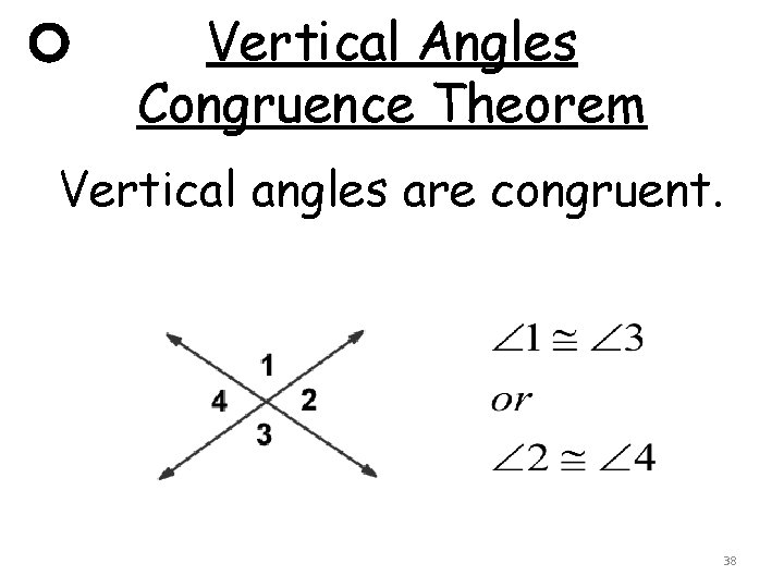 Vertical Angles Congruence Theorem Vertical angles are congruent. 38 