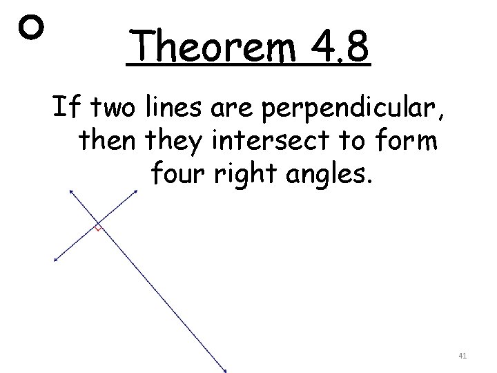 Theorem 4. 8 If two lines are perpendicular, then they intersect to form four