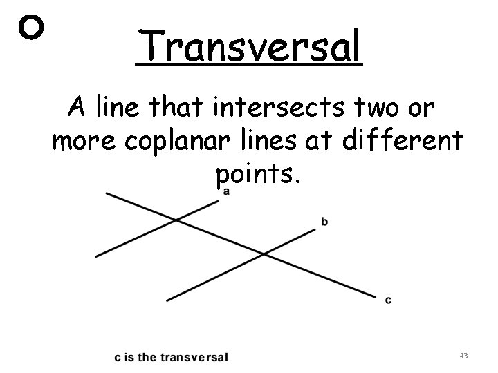 Transversal A line that intersects two or more coplanar lines at different points. 43