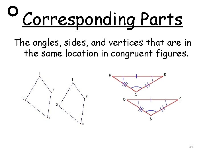 Corresponding Parts The angles, sides, and vertices that are in the same location in