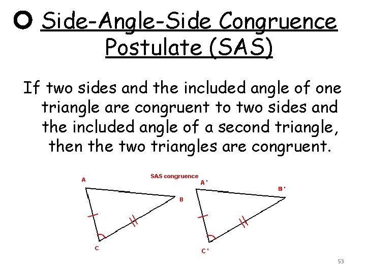 Side-Angle-Side Congruence Postulate (SAS) If two sides and the included angle of one triangle