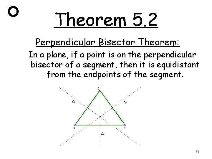 Theorem 5. 2 Perpendicular Bisector Theorem: In a plane, if a point is on