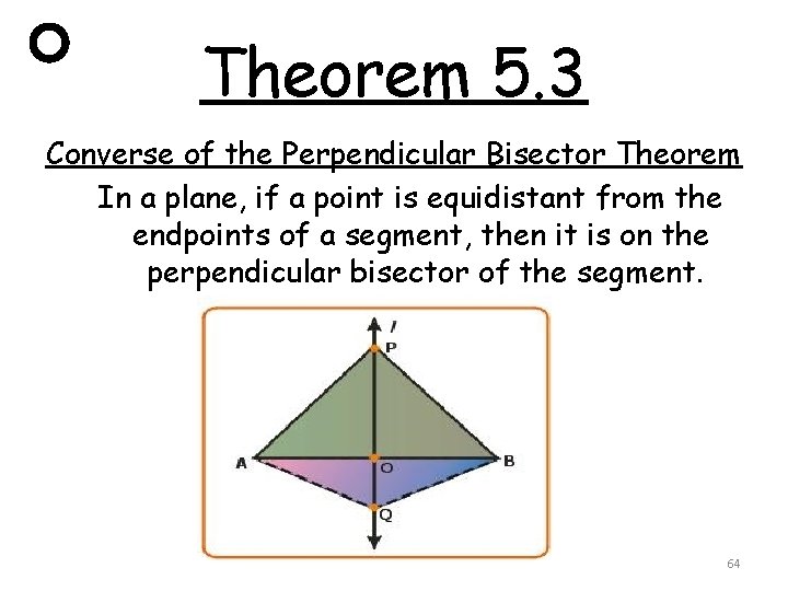 Theorem 5. 3 Converse of the Perpendicular Bisector Theorem In a plane, if a