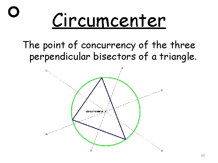 Circumcenter The point of concurrency of the three perpendicular bisectors of a triangle. 67