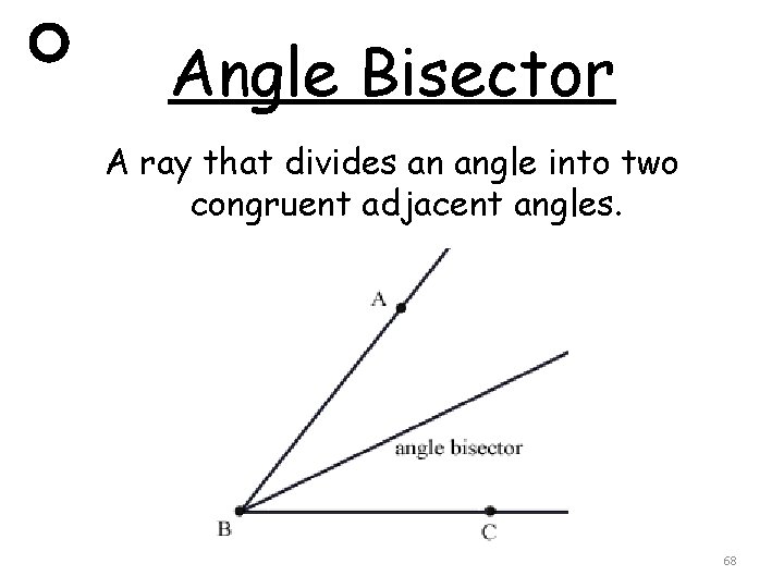 Angle Bisector A ray that divides an angle into two congruent adjacent angles. 68