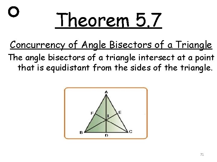 Theorem 5. 7 Concurrency of Angle Bisectors of a Triangle The angle bisectors of