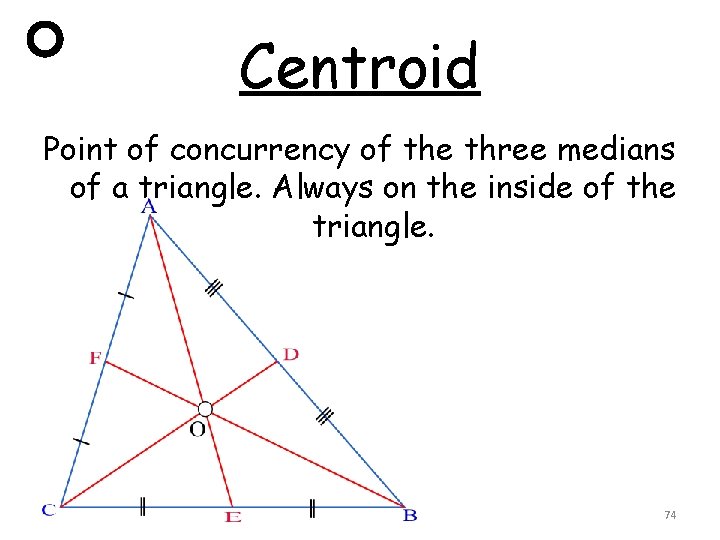 Centroid Point of concurrency of the three medians of a triangle. Always on the