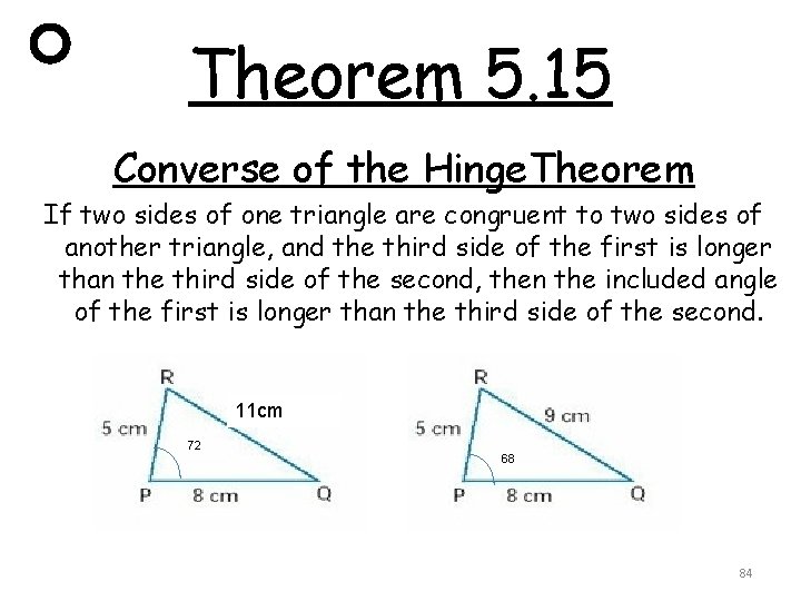 Theorem 5. 15 Converse of the Hinge. Theorem If two sides of one triangle