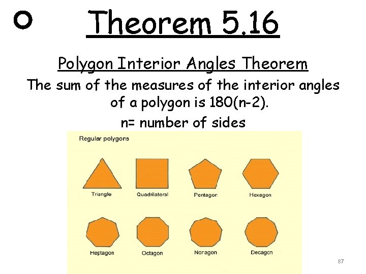 Theorem 5. 16 Polygon Interior Angles Theorem The sum of the measures of the