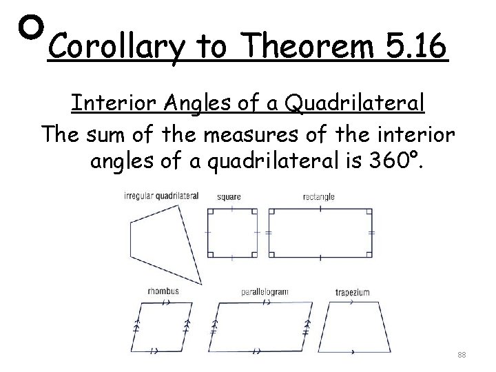 Corollary to Theorem 5. 16 Interior Angles of a Quadrilateral The sum of the