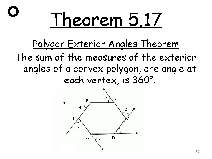 Theorem 5. 17 Polygon Exterior Angles Theorem The sum of the measures of the