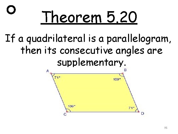 Theorem 5. 20 If a quadrilateral is a parallelogram, then its consecutive angles are