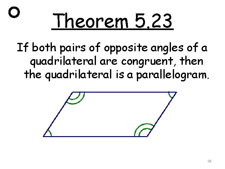 Theorem 5. 23 If both pairs of opposite angles of a quadrilateral are congruent,