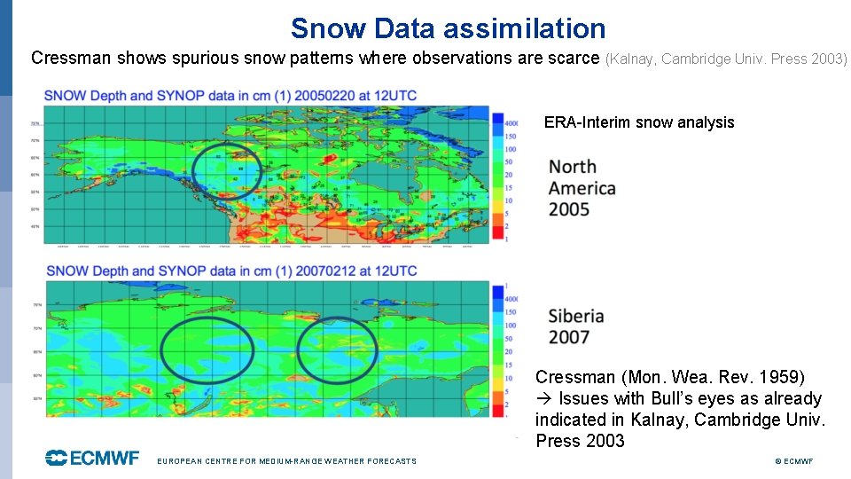 Snow Data assimilation Cressman shows spurious snow patterns where observations are scarce (Kalnay, Cambridge
