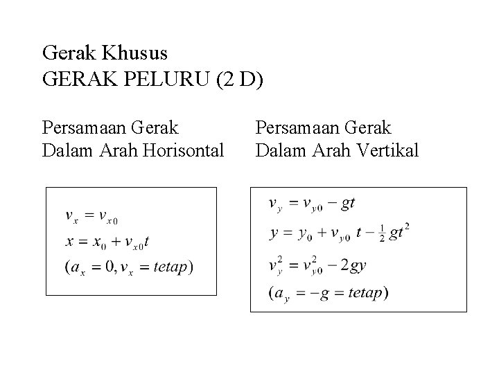 Gerak Khusus GERAK PELURU (2 D) Persamaan Gerak Dalam Arah Horisontal Persamaan Gerak Dalam