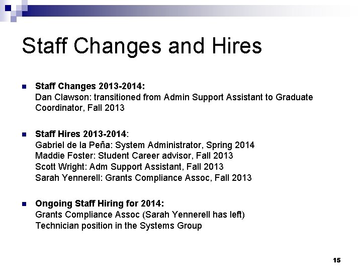 Staff Changes and Hires n Staff Changes 2013 -2014: Dan Clawson: transitioned from Admin Staff Changes and Hires n Staff Changes 2013 -2014: Dan Clawson: transitioned from Admin