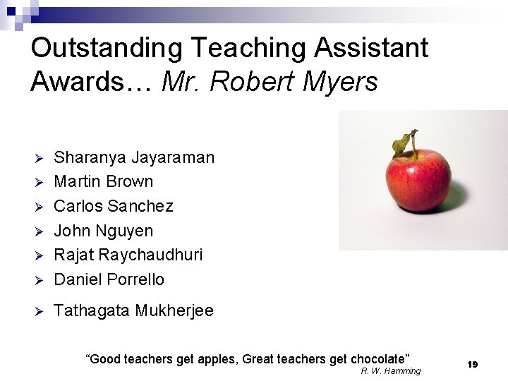 Outstanding Teaching Assistant Awards… Mr. Robert Myers Ø Sharanya Jayaraman Martin Brown Carlos Sanchez Outstanding Teaching Assistant Awards… Mr. Robert Myers Ø Sharanya Jayaraman Martin Brown Carlos Sanchez