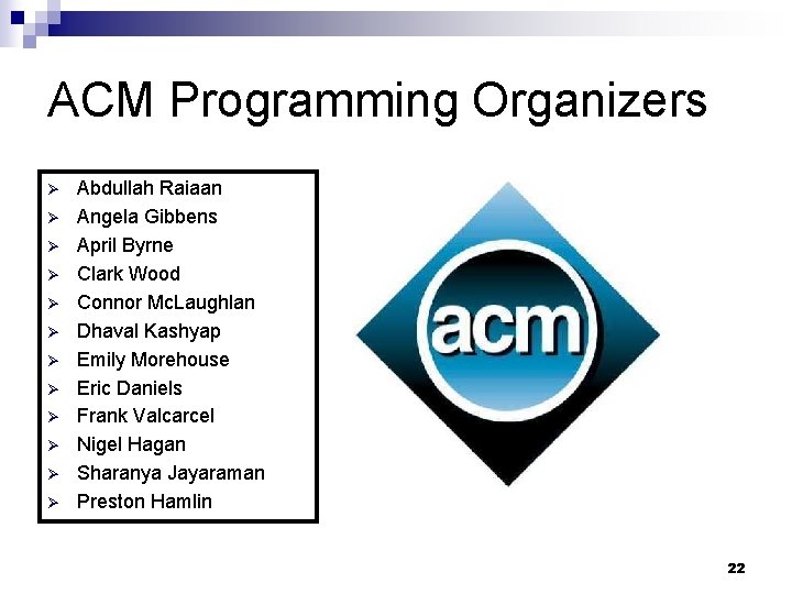 ACM Programming Organizers Ø Ø Ø Abdullah Raiaan Angela Gibbens April Byrne Clark Wood ACM Programming Organizers Ø Ø Ø Abdullah Raiaan Angela Gibbens April Byrne Clark Wood