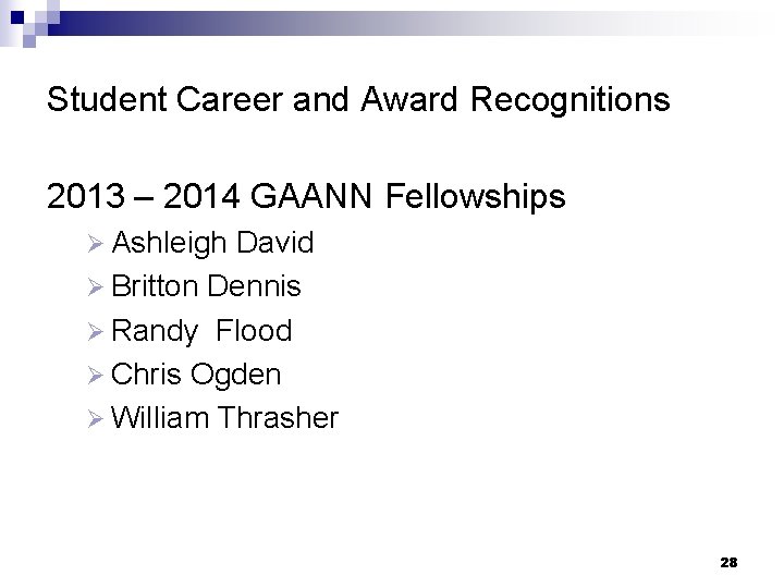 Student Career and Award Recognitions 2013 – 2014 GAANN Fellowships Ø Ashleigh David Ø Student Career and Award Recognitions 2013 – 2014 GAANN Fellowships Ø Ashleigh David Ø