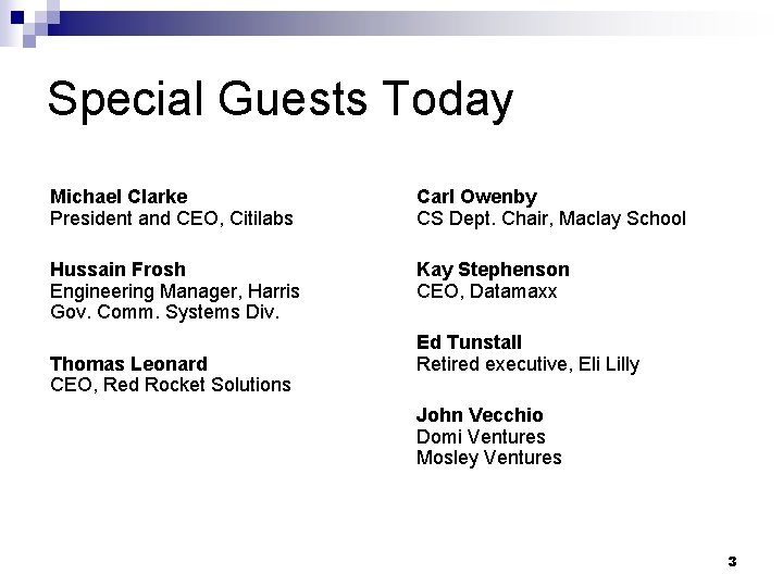 Special Guests Today Michael Clarke President and CEO, Citilabs Carl Owenby CS Dept. Chair, Special Guests Today Michael Clarke President and CEO, Citilabs Carl Owenby CS Dept. Chair,