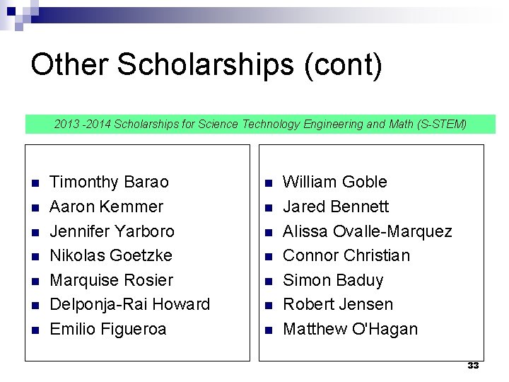 Other Scholarships (cont) 2013 -2014 Scholarships for Science Technology Engineering and Math (S-STEM) n Other Scholarships (cont) 2013 -2014 Scholarships for Science Technology Engineering and Math (S-STEM) n