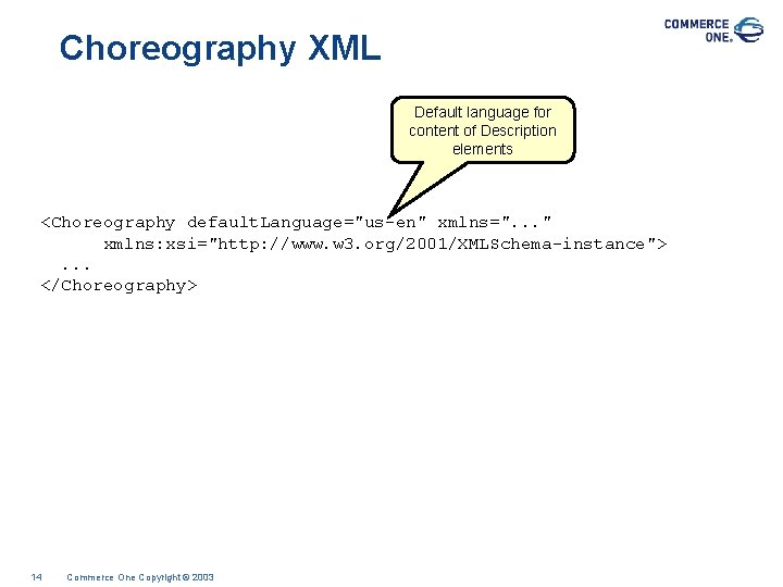 Choreography XML Default language for content of Description elements <Choreography default. Language="us-en" xmlns=". .