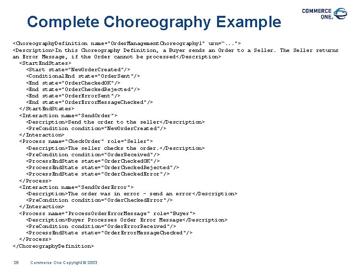 Complete Choreography Example <Choreography. Definition name="Order. Management. Choreography 1" urn=“. . . "> <Description>In