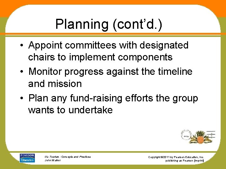 Planning (cont’d. ) • Appoint committees with designated chairs to implement components • Monitor
