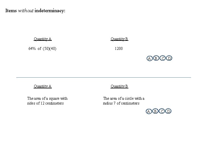 Items without indeterminacy: Quantity A Quantity B 64% of (50)(40) 1200 Quantity A The