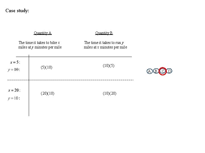 Case study: Quantity A The time it takes to bike x miles at y