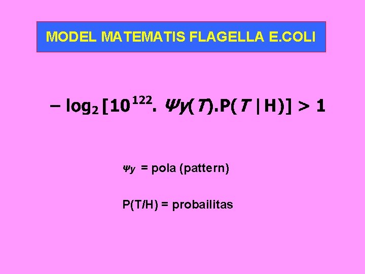 MODEL MATEMATIS FLAGELLA E. COLI Ψy = pola (pattern) P(T/H) = probailitas 