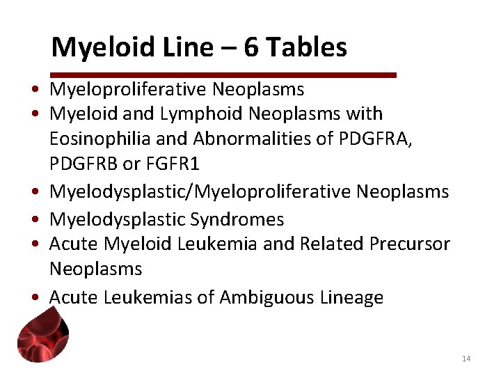 Myeloid Line – 6 Tables • Myeloproliferative Neoplasms • Myeloid and Lymphoid Neoplasms with