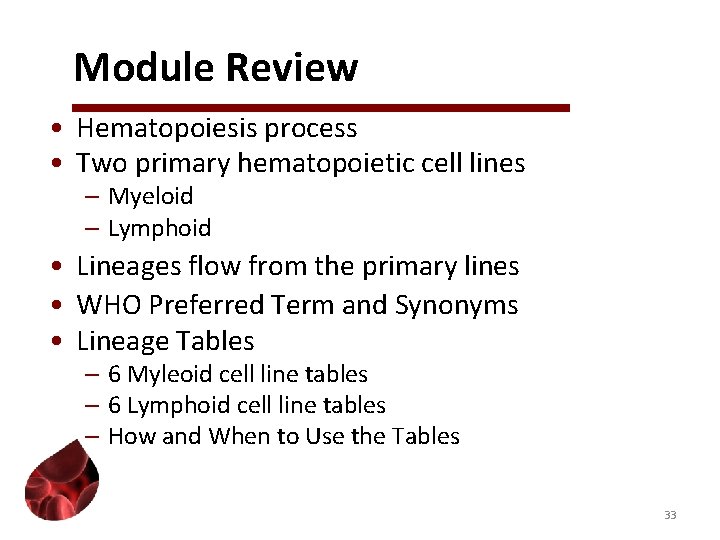 Module Review • Hematopoiesis process • Two primary hematopoietic cell lines – Myeloid –