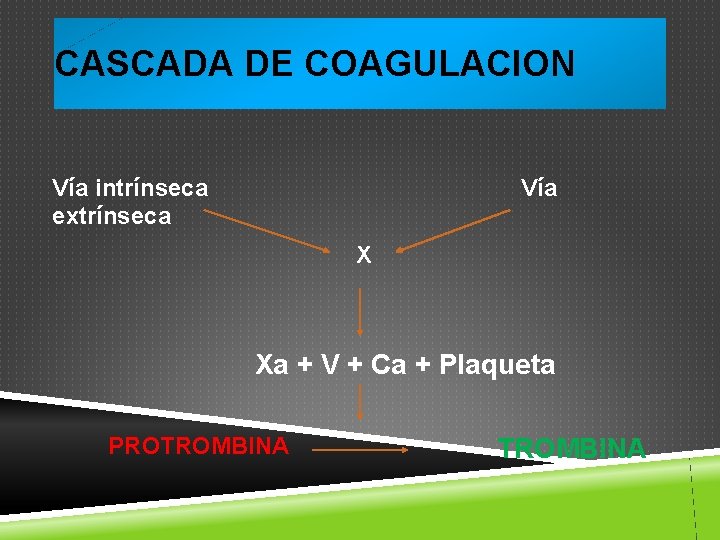 CASCADA DE COAGULACION Vía intrínseca extrínseca Vía X Xa + V + Ca +