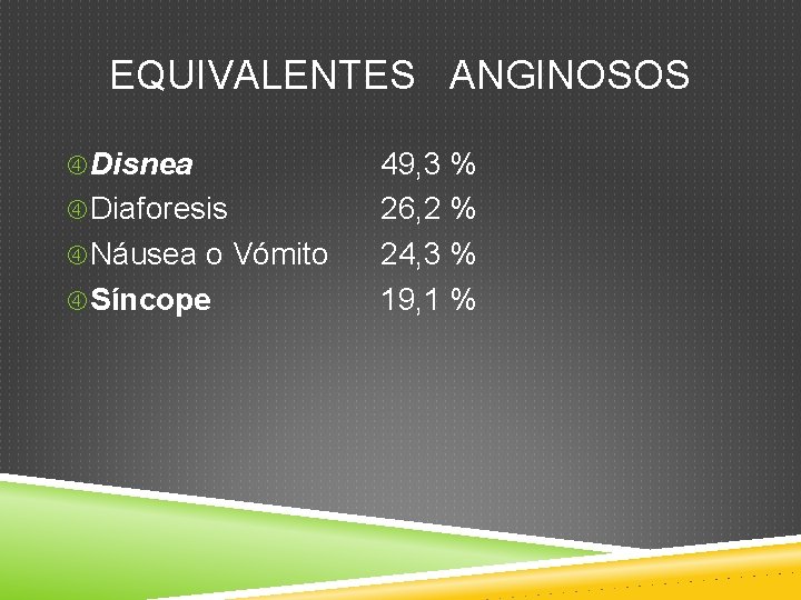 EQUIVALENTES ANGINOSOS Disnea Diaforesis Náusea o Vómito Síncope 49, 3 % 26, 2 %