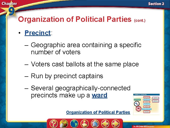 Organization of Political Parties (cont. ) • Precinct: – Geographic area containing a specific