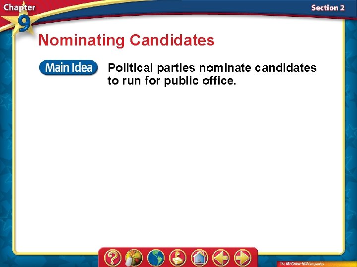 Nominating Candidates Political parties nominate candidates to run for public office. 
