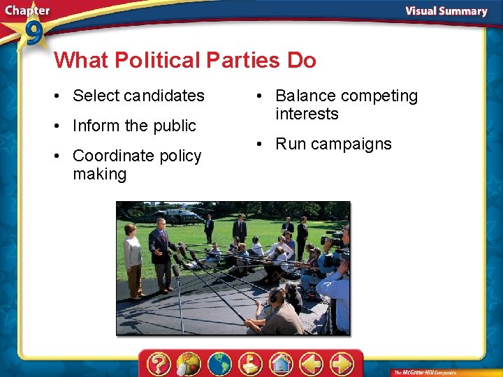 What Political Parties Do • Select candidates • Inform the public • Coordinate policy