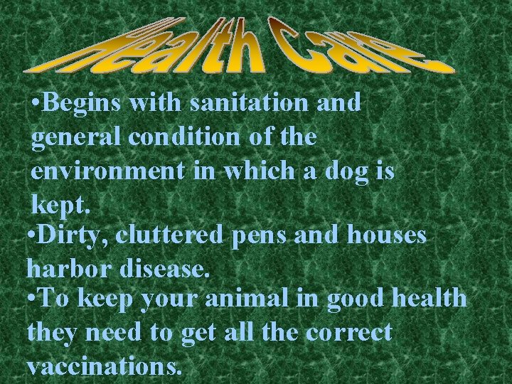  • Begins with sanitation and general condition of the environment in which a