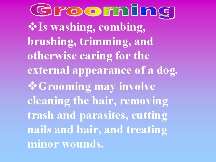 v. Is washing, combing, brushing, trimming, and otherwise caring for the external appearance of