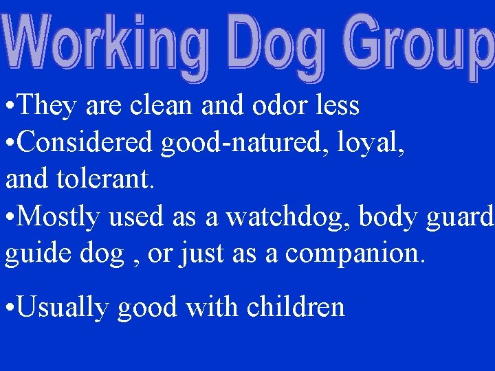  • They are clean and odor less • Considered good-natured, loyal, and tolerant.