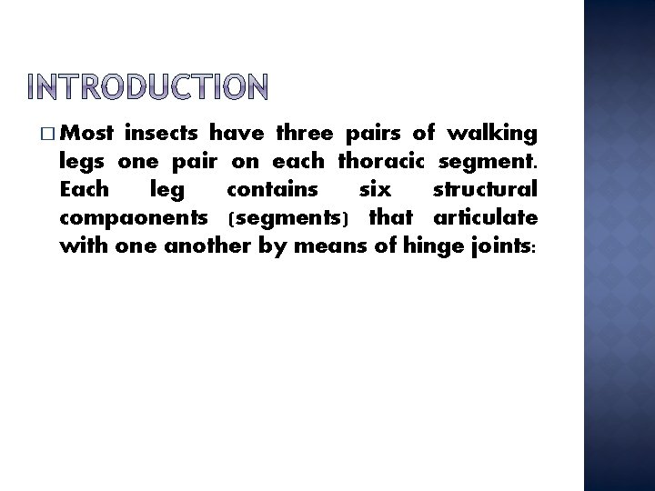� Most insects have three pairs of walking legs one pair on each thoracic